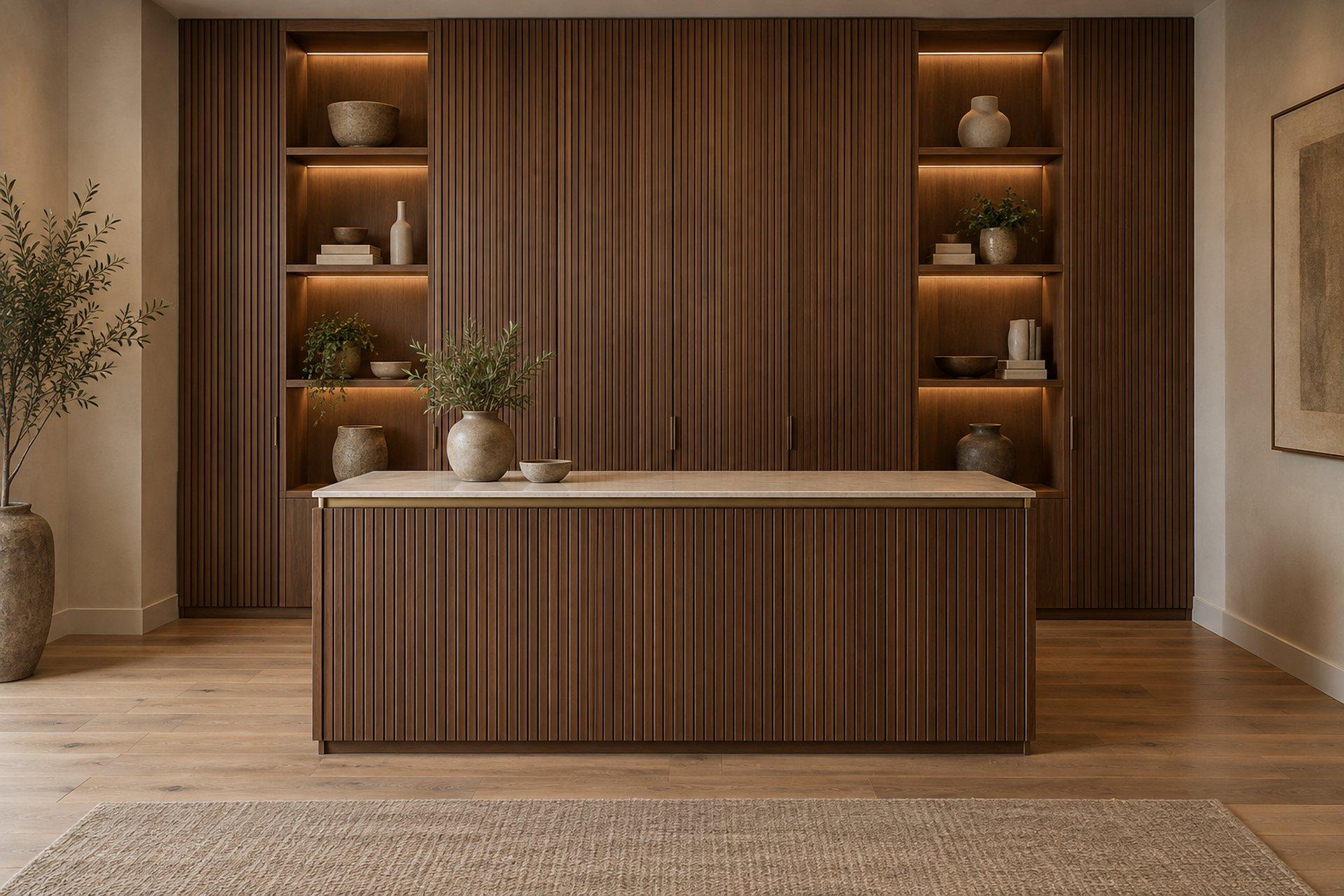 Floor-to-ceiling walnut built-in wall with lit shelving and a stone-topped wood counter by DMD Furnishing