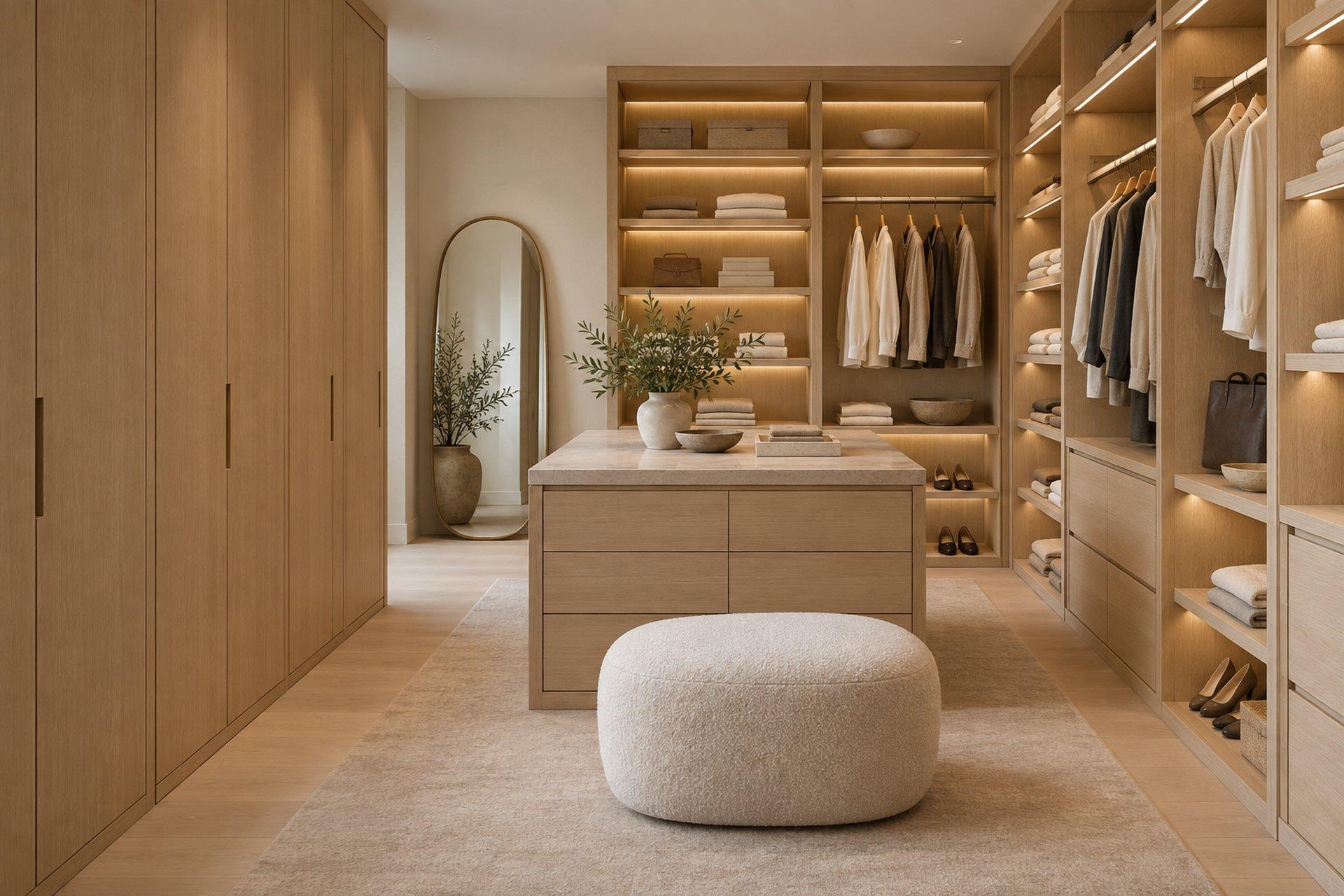 Light oak walk-in closet with center island, stone top, and boucle ottoman by DMD Furnishing