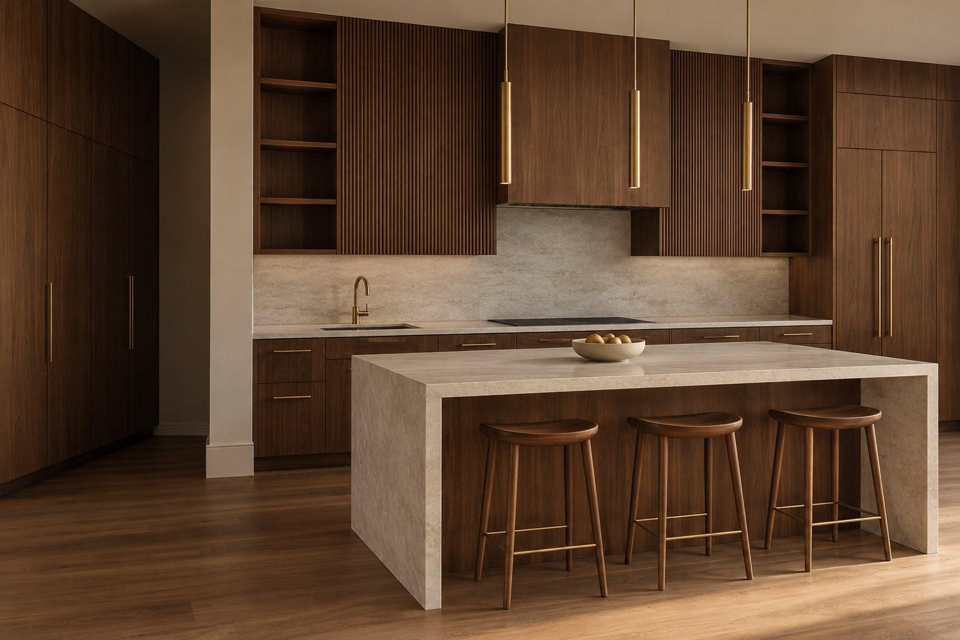 Custom walnut kitchen with fluted cabinetry, waterfall stone island, and brass pendant lights by DMD Furnishing